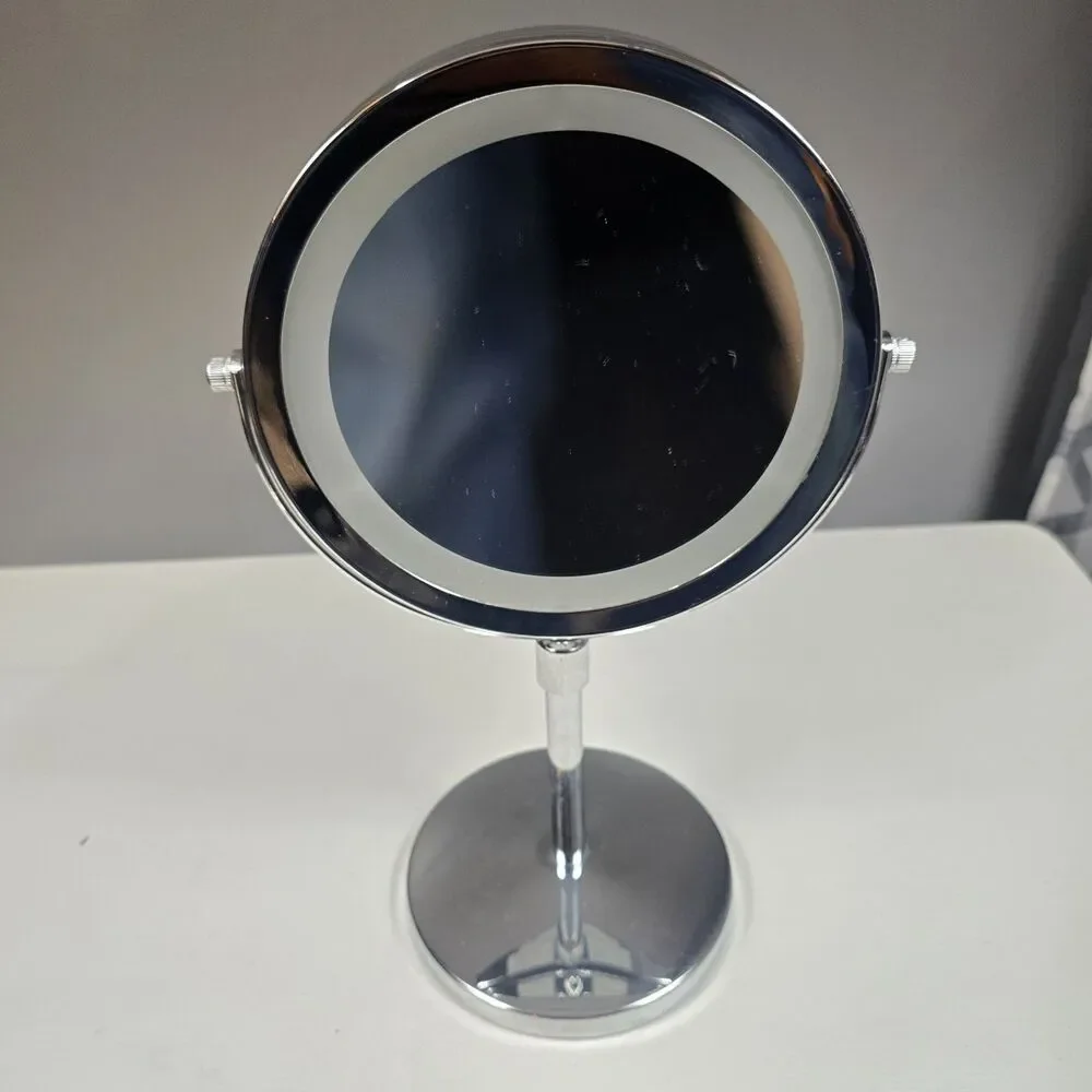 LED Illuminated Dual Sided Round Tabletop Makeup Mirror Silver Chrome 13